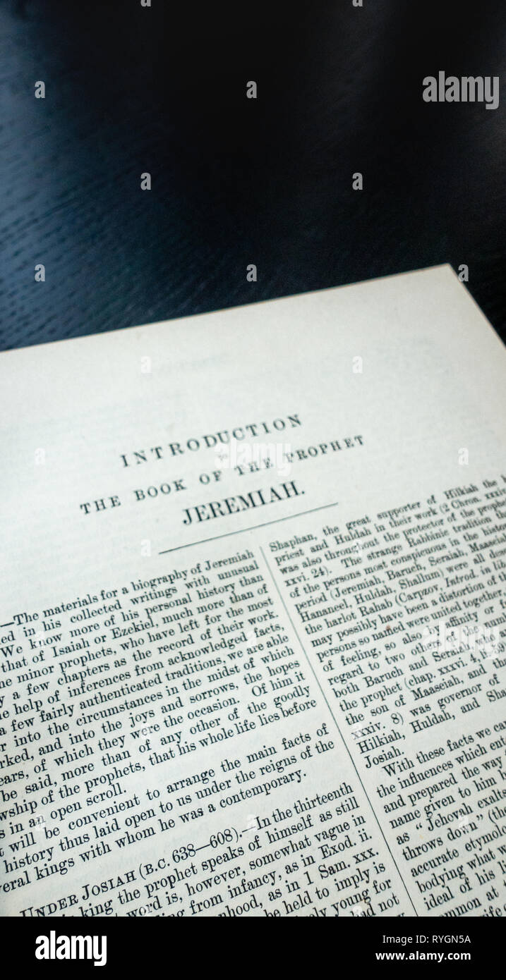 Close up of A page of the Introduction, the Book of the Prophet Jeremiah in The Bible Stock Photo
