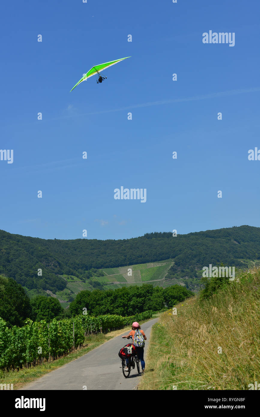Bicycle and deltaplan tourists, traveling along the Mosel River valley, Germany Stock Photo