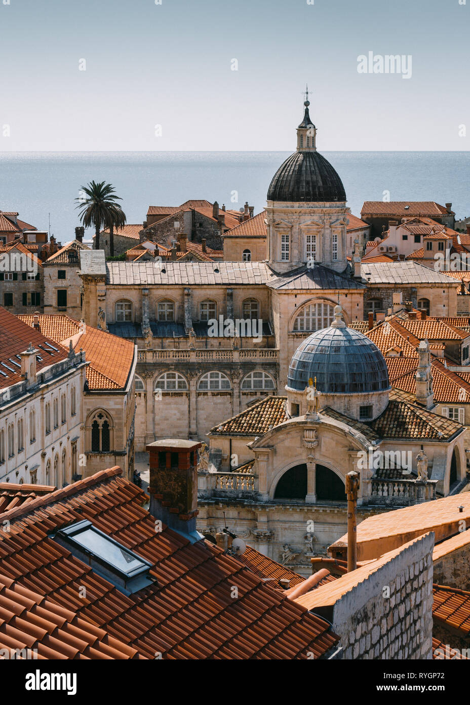 Aerial view of Dubrovnik old town cityscape including the cathedral dome, Dubrovnik, Croatia Stock Photo
