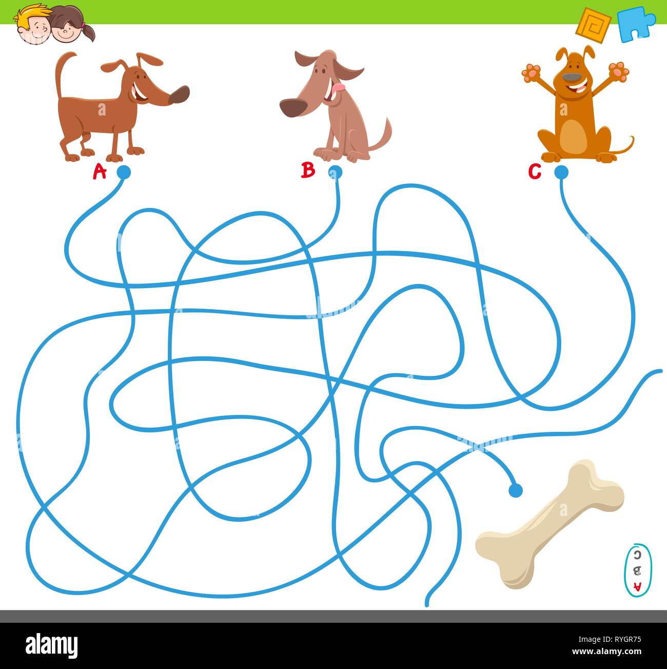 Cartoon Illustration of Lines Maze Puzzle Activity Game with Dog Animal Characters and Dog Bone Stock Vector Image Art Alamy