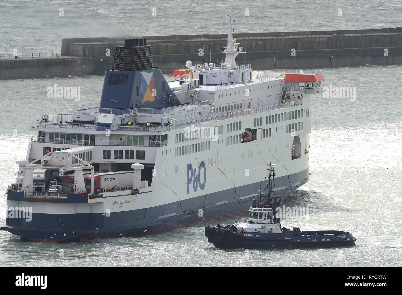 As Storm Gareth batters Britain massive queues of vehicles lined the A2 into Dover Docks as ferries struggled to dock in the high winds causing length Stock Photo