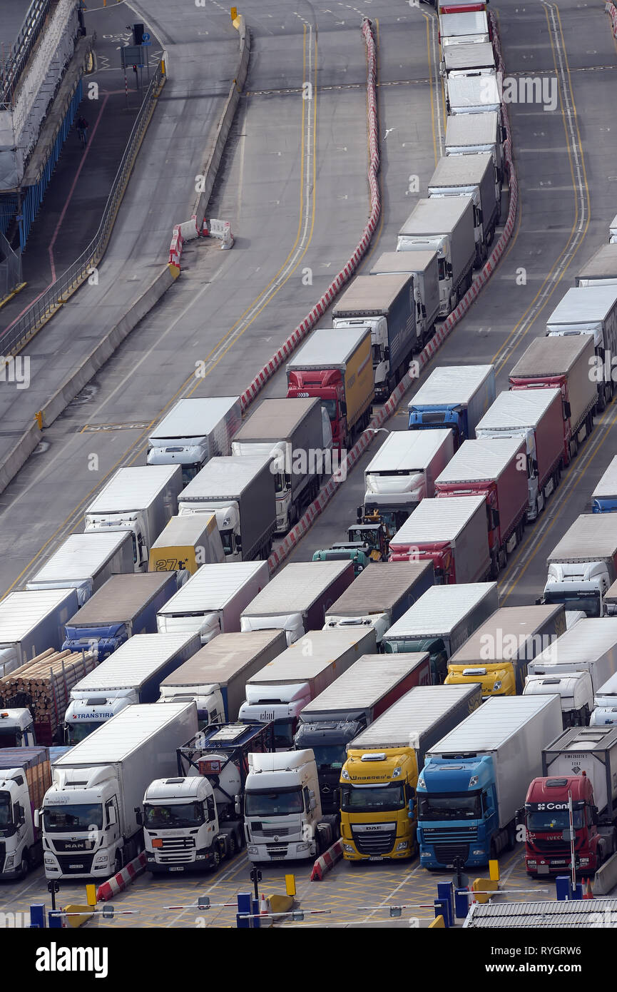 As Storm Gareth batters Britain massive queues of vehicles lined the A2 into Dover Docks as ferries struggled to dock in the high winds causing length Stock Photo