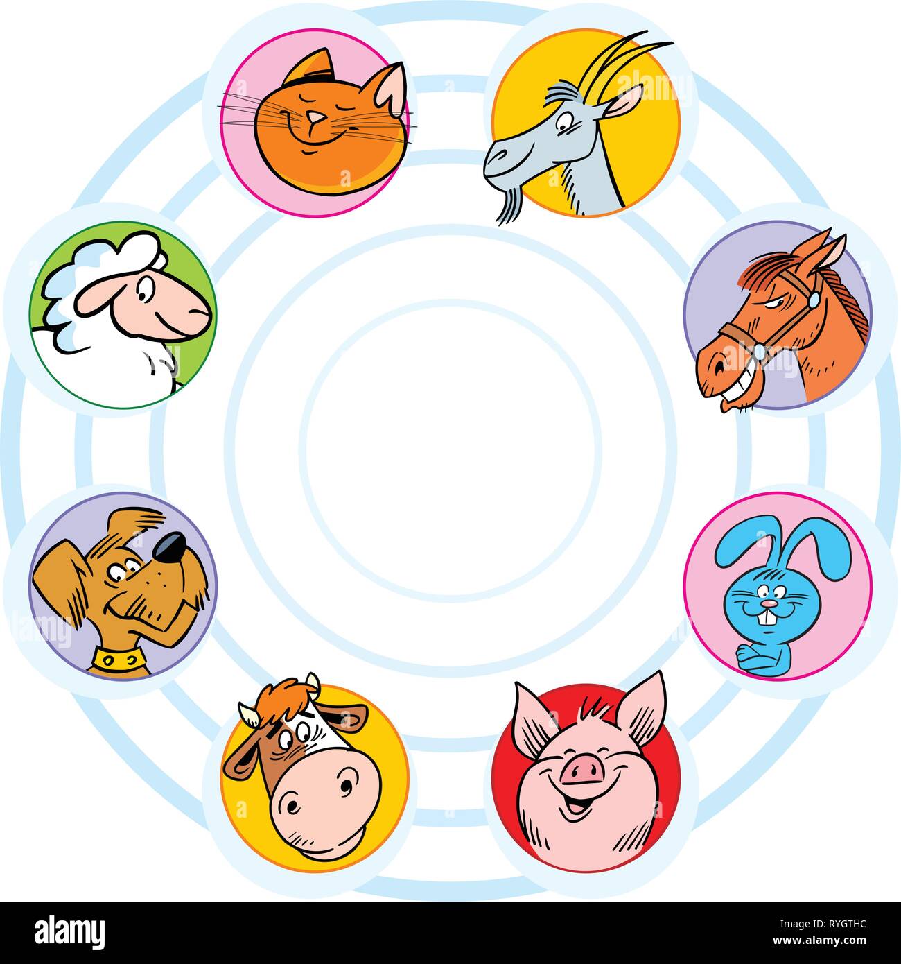 The illustration shows a group of cartoon farm animals. Illustration done on separate layers Stock Vector
