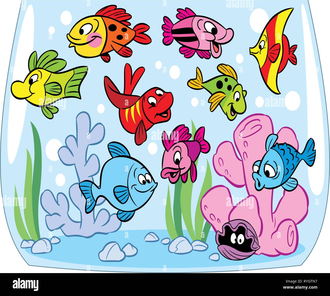 Funny cartoon fish swim in an aquarium. At the bottom of the crab, seaweed and decoration. Illustration done on separate layers. Stock Vector