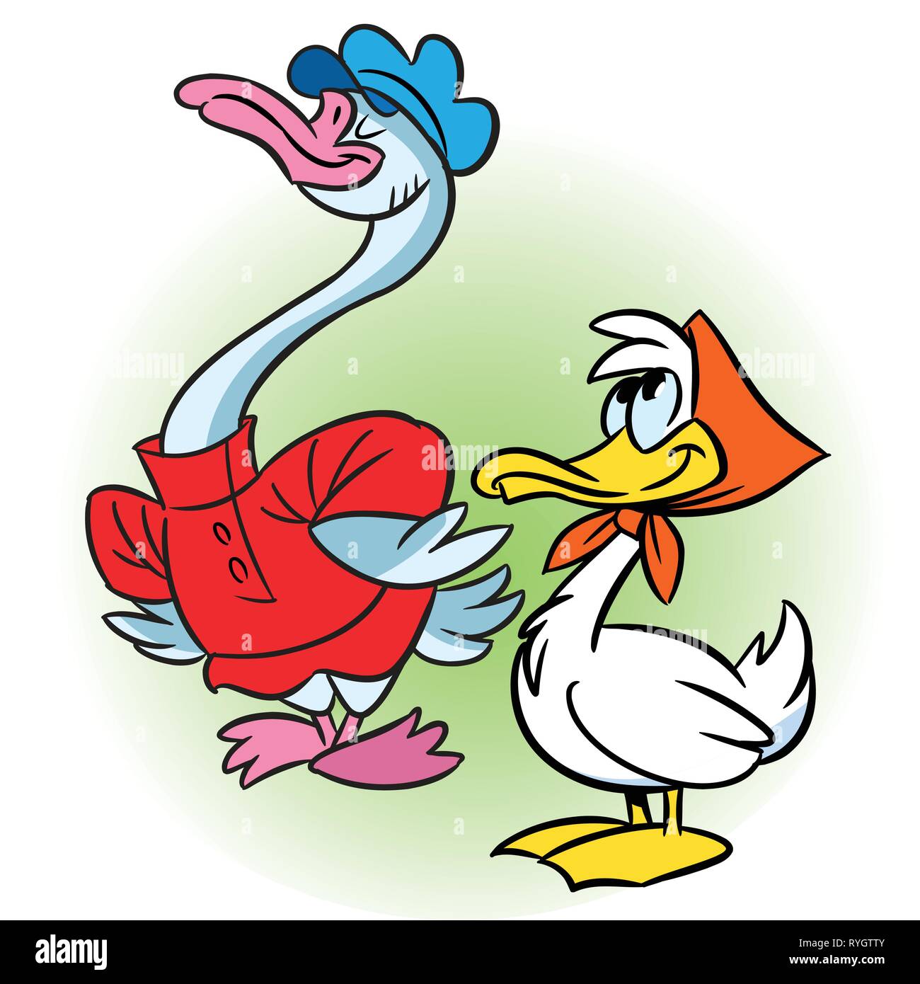 The illustration shows two ducks in a funny cartoon style, on separate layers. Stock Vector
