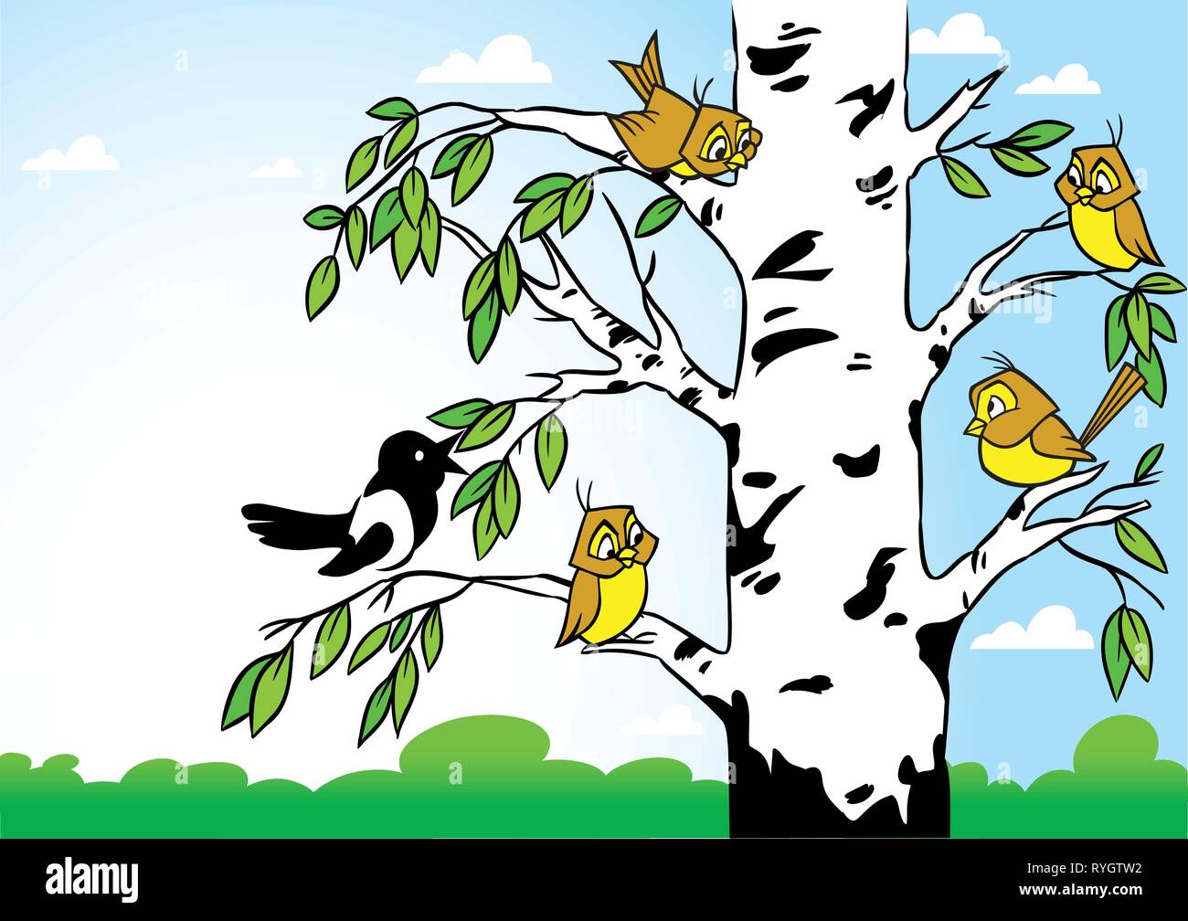 In the illustration birch on the background  forest and blue sky. Birds sitting on a tree, it's sparrows and magpies. Illustration done in cartoon sty Stock Vector