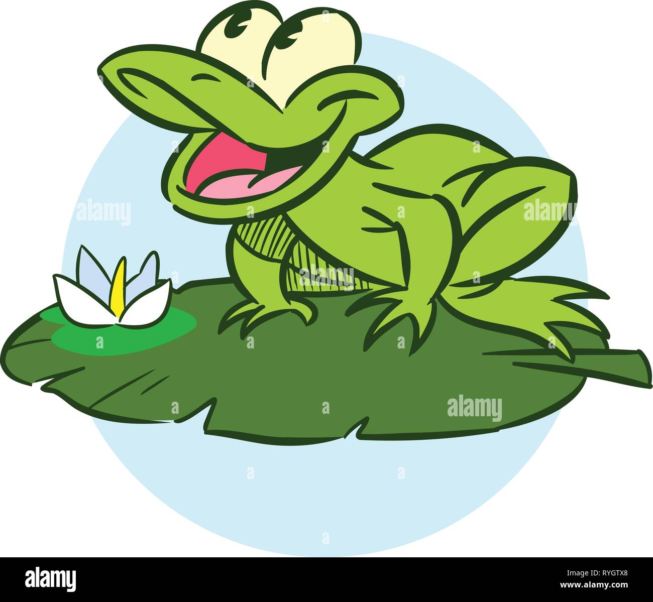The illustration shows a funny cartoon frog. She sits on a lily leaf. Stock Vector
