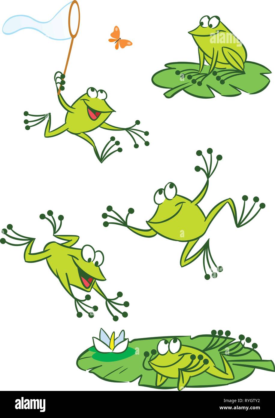 The illustration shows of some cartoon frogs  in various poses, as well as insects and water lilies. Funny frog on a white background, are on separate Stock Vector