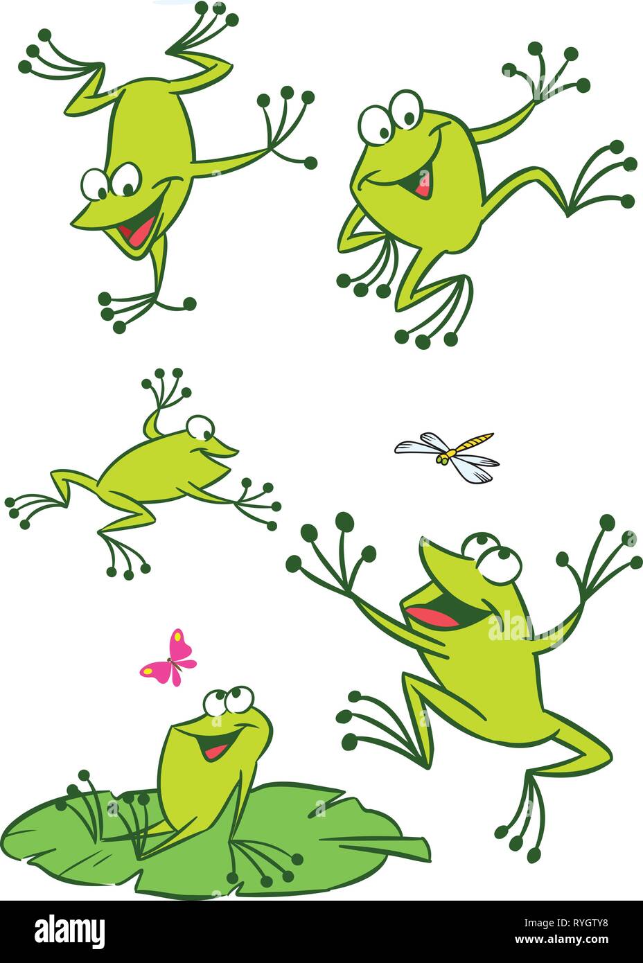 The illustration shows of some cartoon frogs  in various poses, as well as insects and water lilies. Funny frog on a white background, are on separate Stock Vector