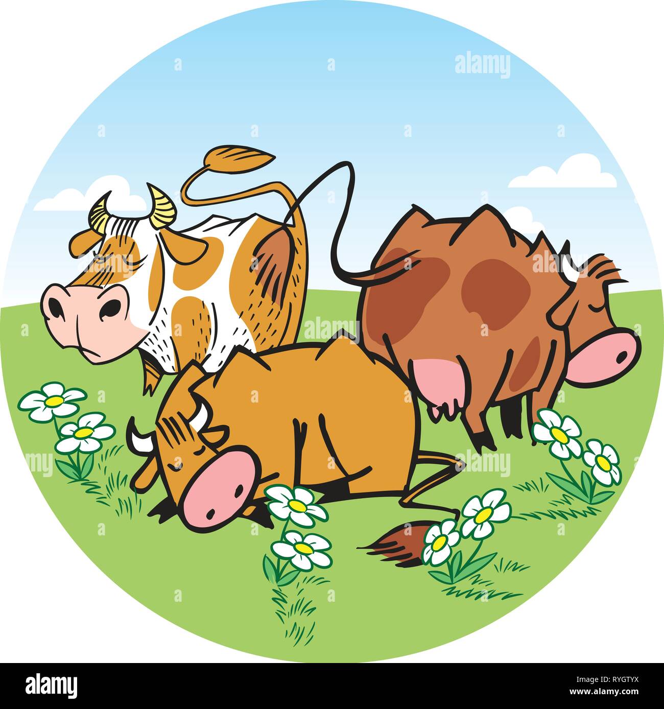 The illustration shows a herd of cows. They graze on a green meadow. Illustration done in cartoon style. Background separately. Stock Vector