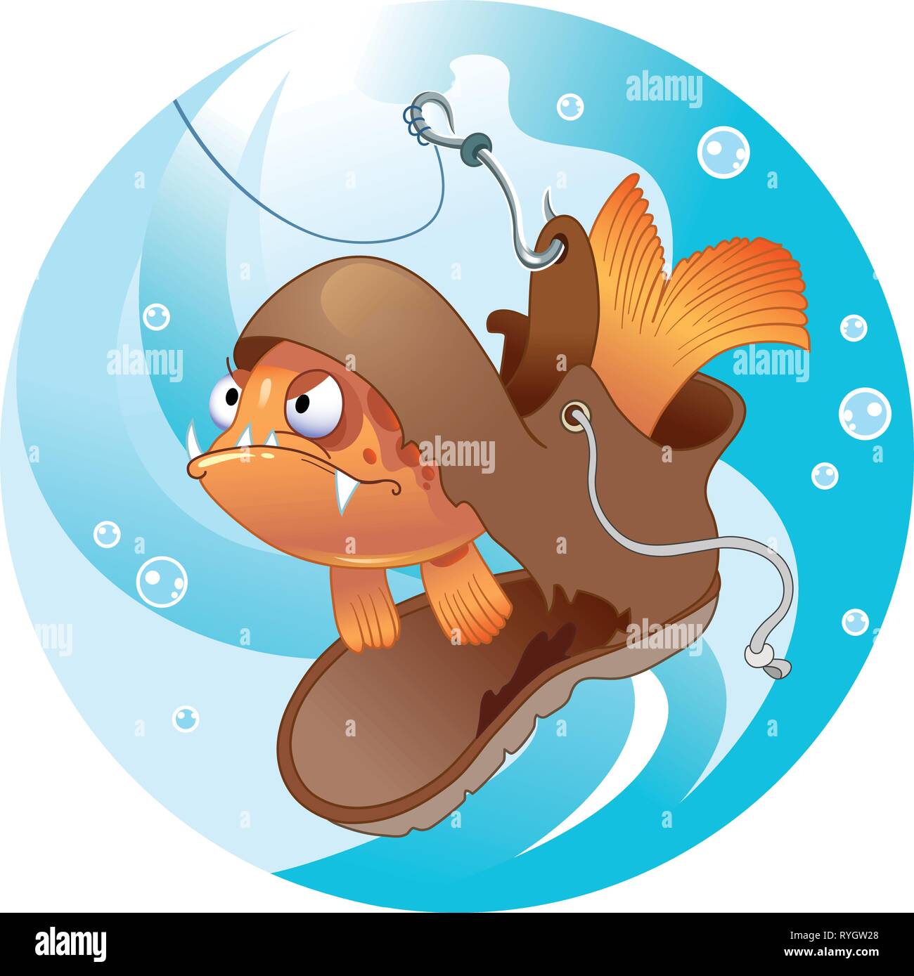 The illustration shows a funny fish that lives in an old shoe. Shoe caught  on the fishing hook. Illustration done in cartoon style, on separate layers  Stock Vector Image & Art -