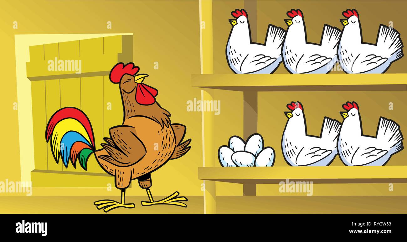 The illustration shows the chickens and a rooster on the farm