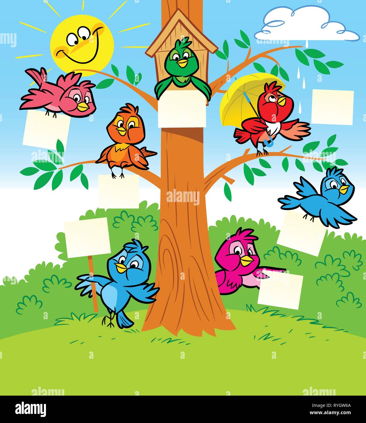 Several funny cartoon birds sitting on a tree Stock Vector Image & Art