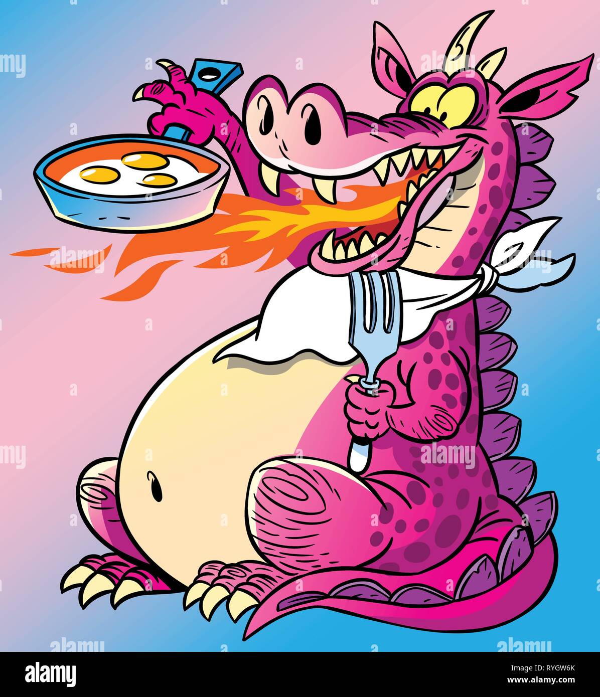 Funny colored dragon. He's going to have dinner. Background on separate layer. Stock Vector