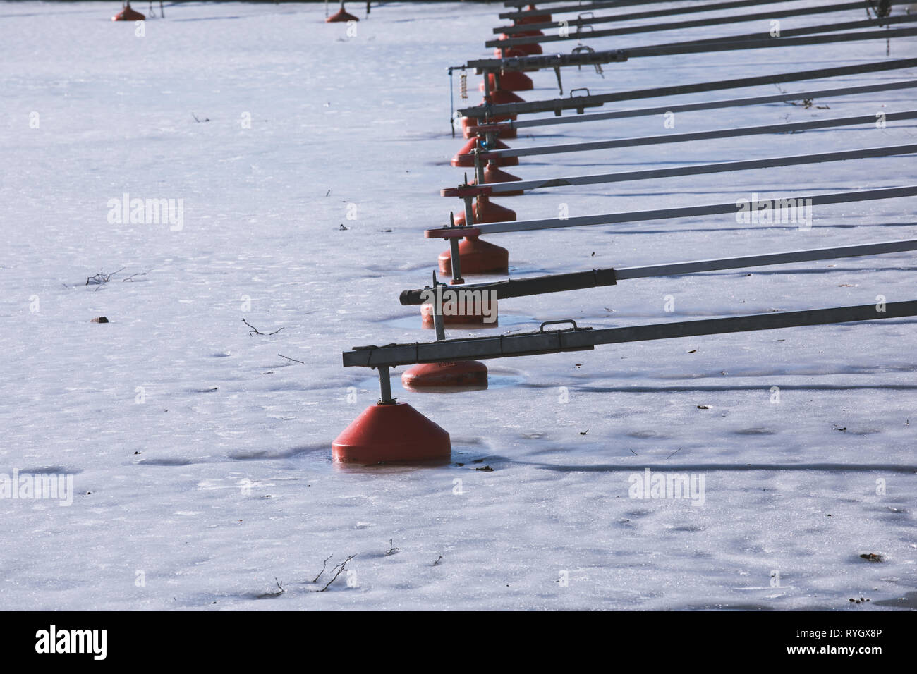 Line of frozen buoys floaters, Lake Malaren, Sweden, Scandinavia Stock Photo