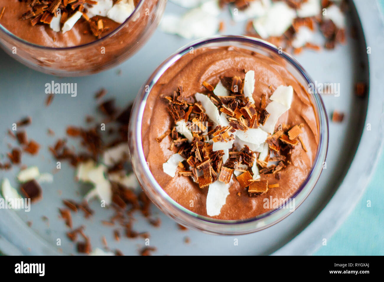 Homemade vegan chocolate mousse with coconut creamand cocoa Stock Photo