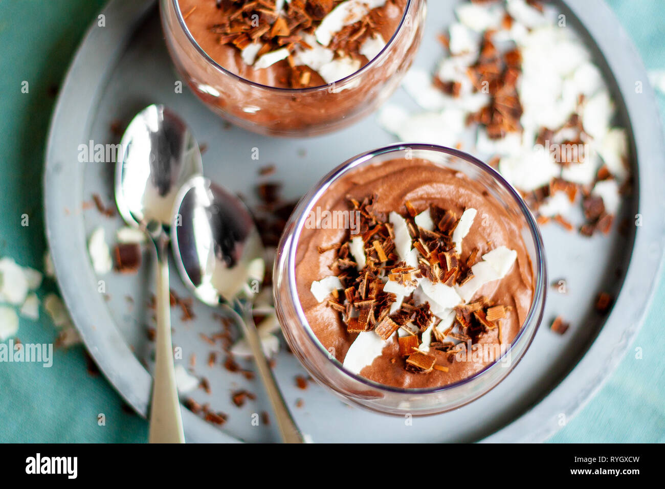 Homemade vegan chocolate mousse with coconut creamand cocoa Stock Photo