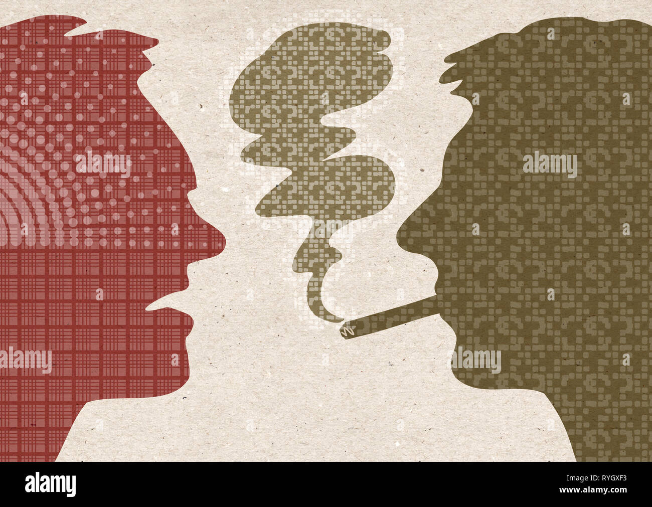 Profile drawn silhouettes - Smoker with angry man Stock Photo