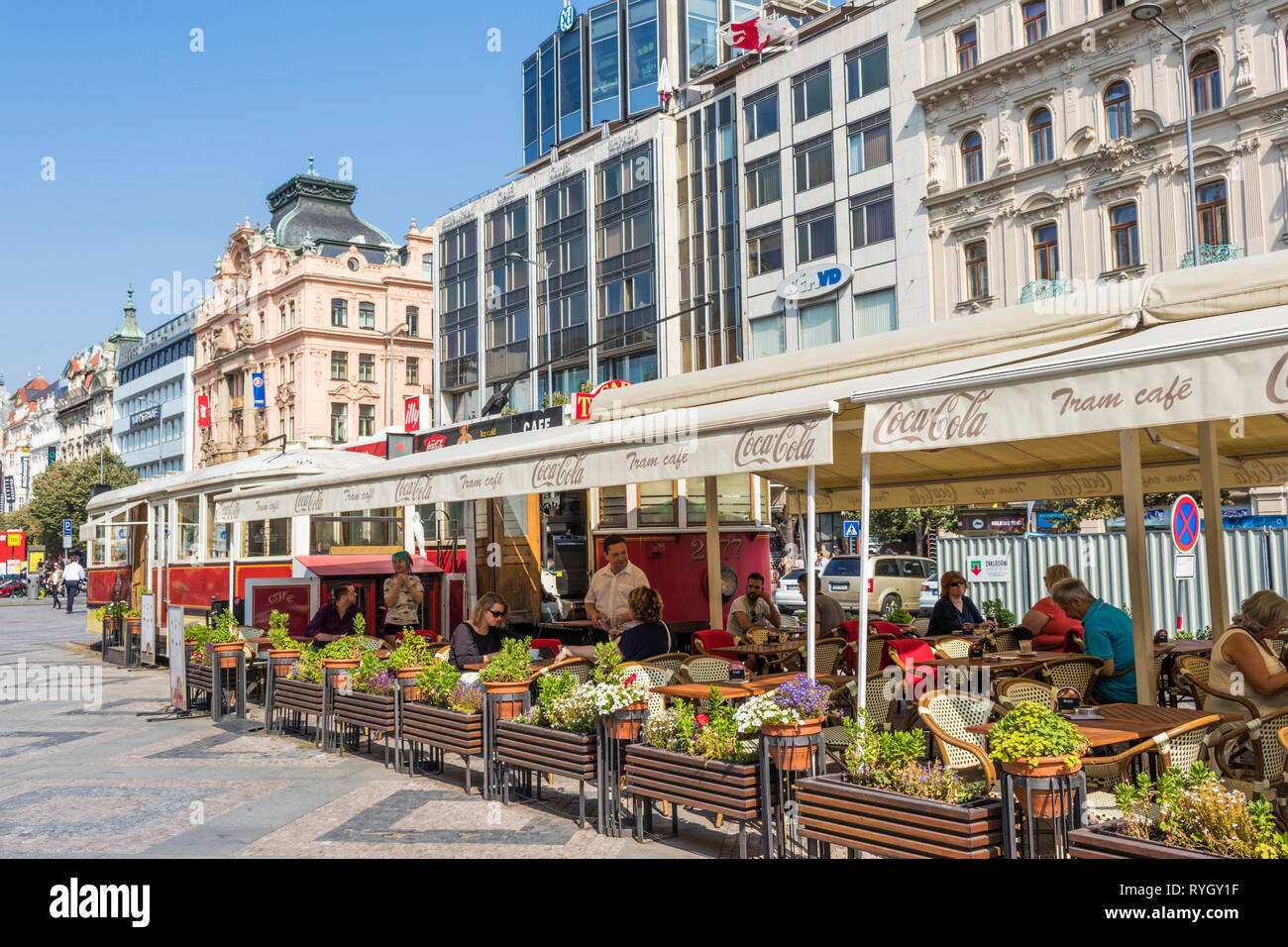 Wenceslas square prague TRAMVAJ CAFE IN AN OLD HISTORIC TRAM wenceslas square prague  CZECH REPLUBLIC EU EUROPE Stock Photo