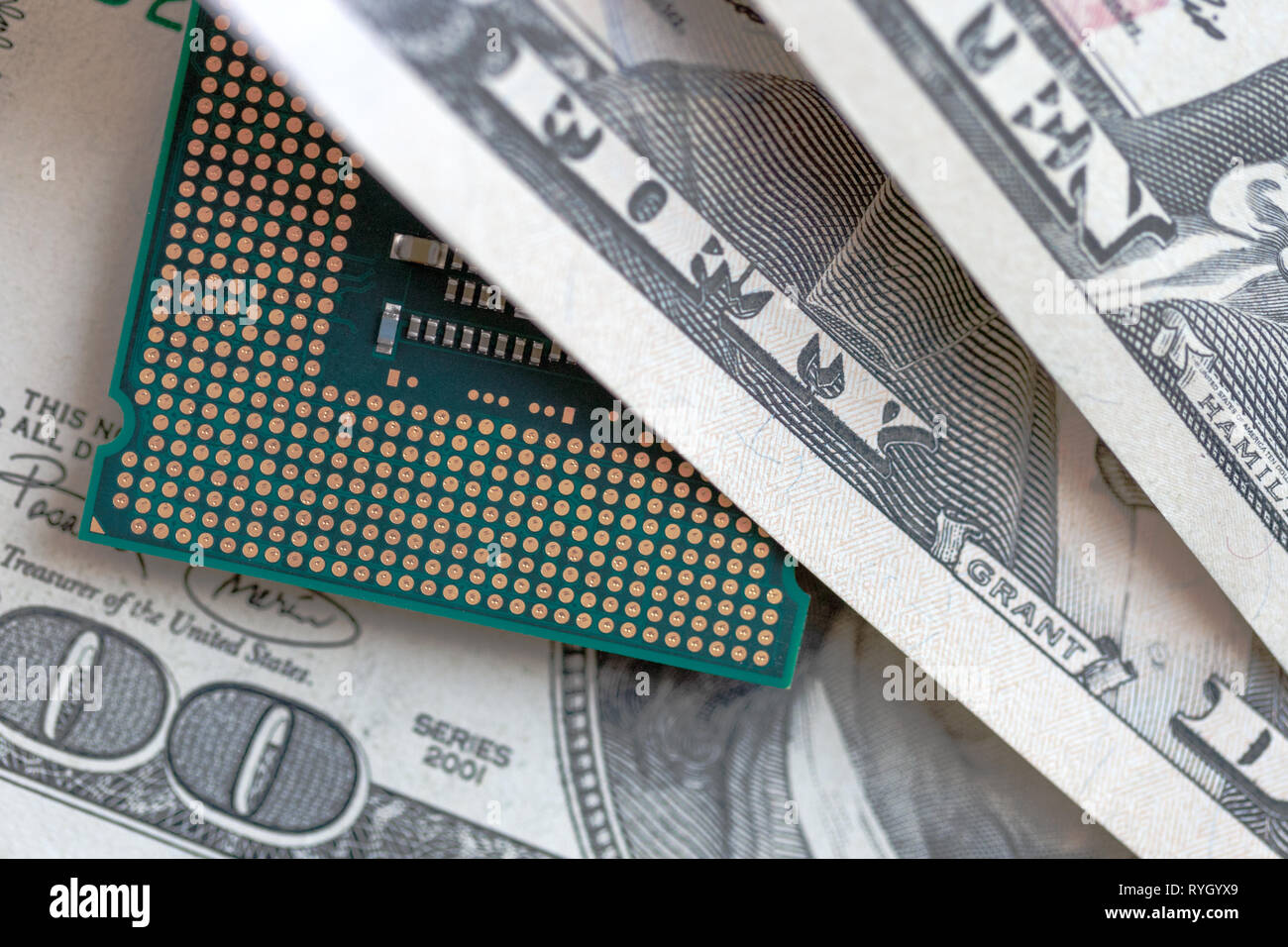 desktop cpu on dollars currency background. concept of technology price