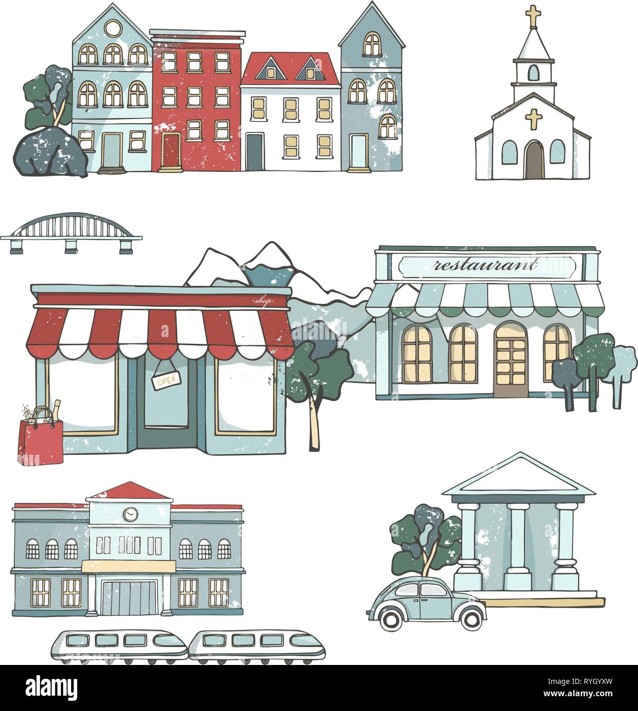 City places set with buildings in flat design. Cafe restaurant, music ...