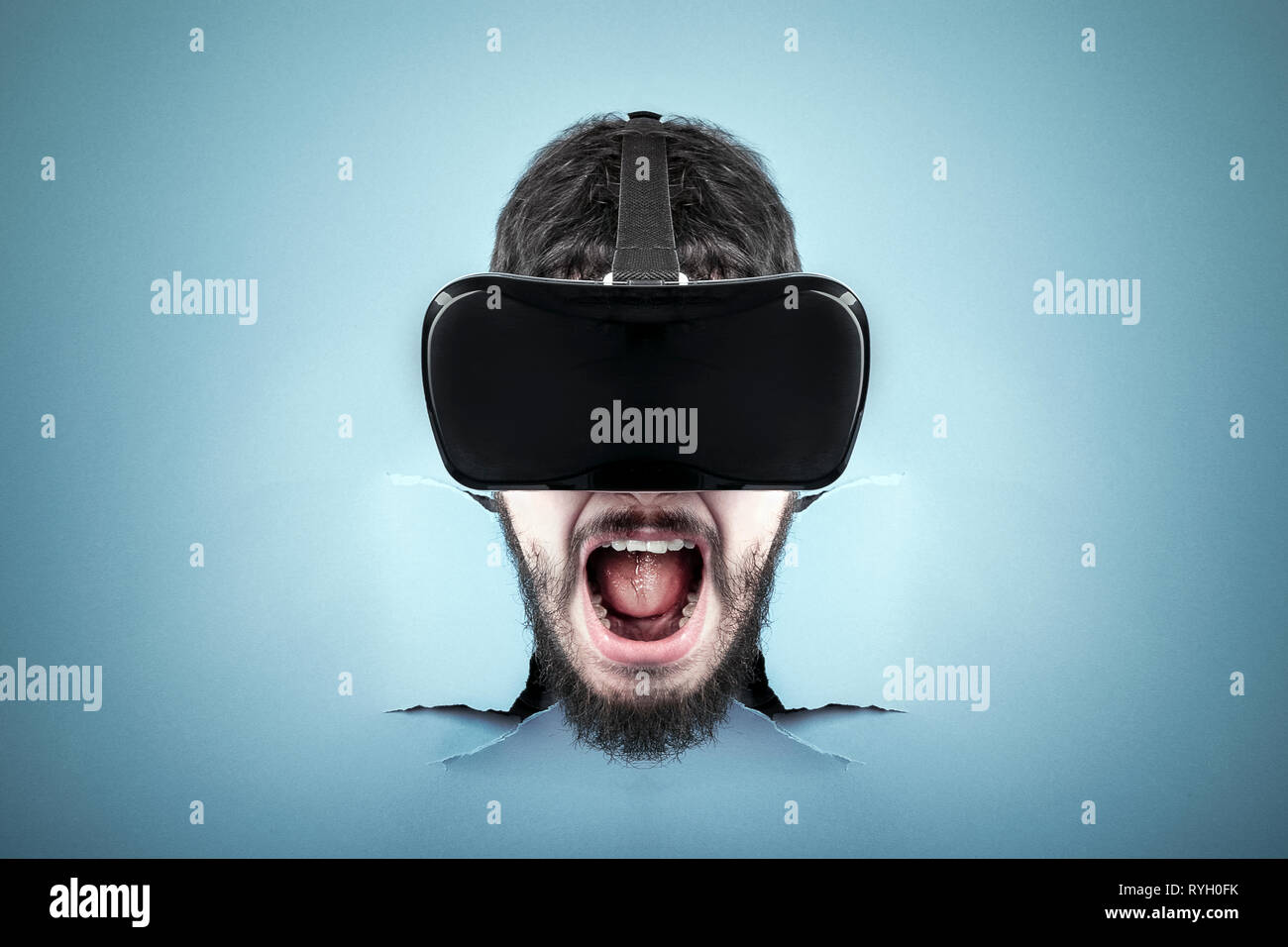 screaming man with glasses of virtual reality ripped von head the blue ...