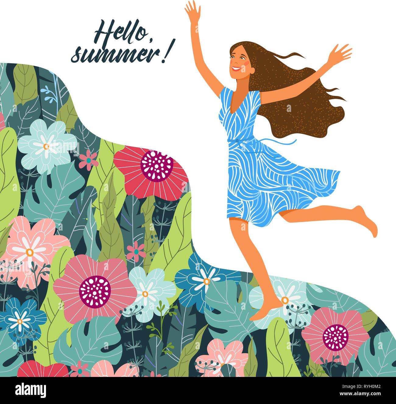 Running joyful girl on the floral doodle background. Cute vector