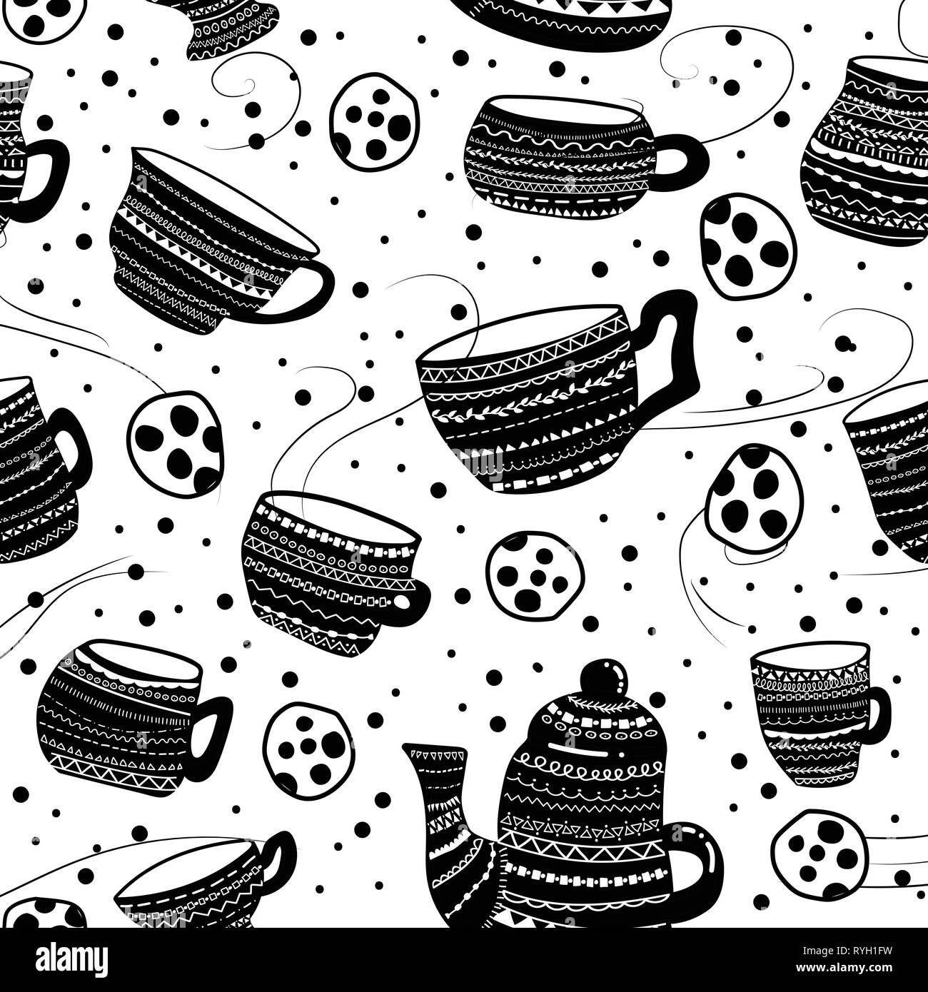 Vector seamless pattern with cups, kettle cookies Stock Vector