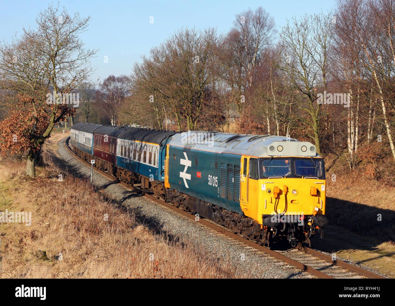 Class 50 50015 passes Springside Farm on the East Lancs Railway during a Diesel gala. Stock Photo