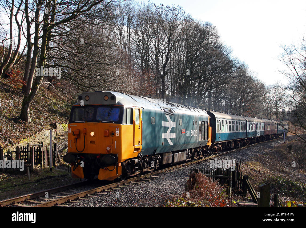 50015 heads past Summerseat on the East Lancs Railway. Stock Photo