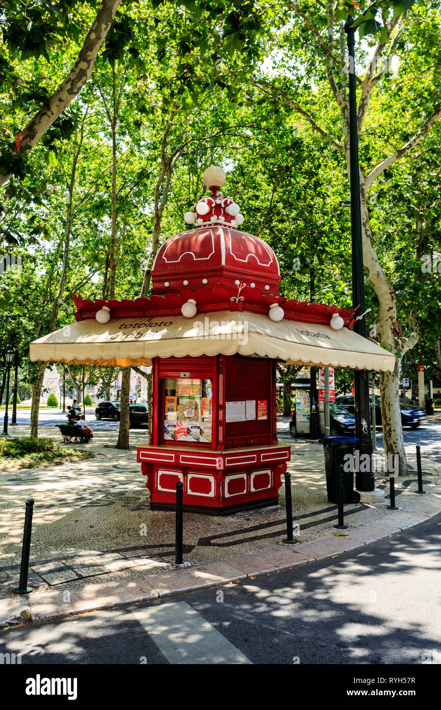 Kiosks are small and ornate structures in Art Nouveau and/or Moorish style selling a variety of goods, such as lottery tickets in this case, at Libert Stock Photo