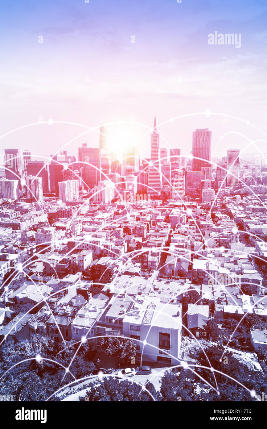 Urban San Francisco skyline with high-speed data and internet communication network. Concept of cyber network in big city with copy space. Vertical or Stock Photo