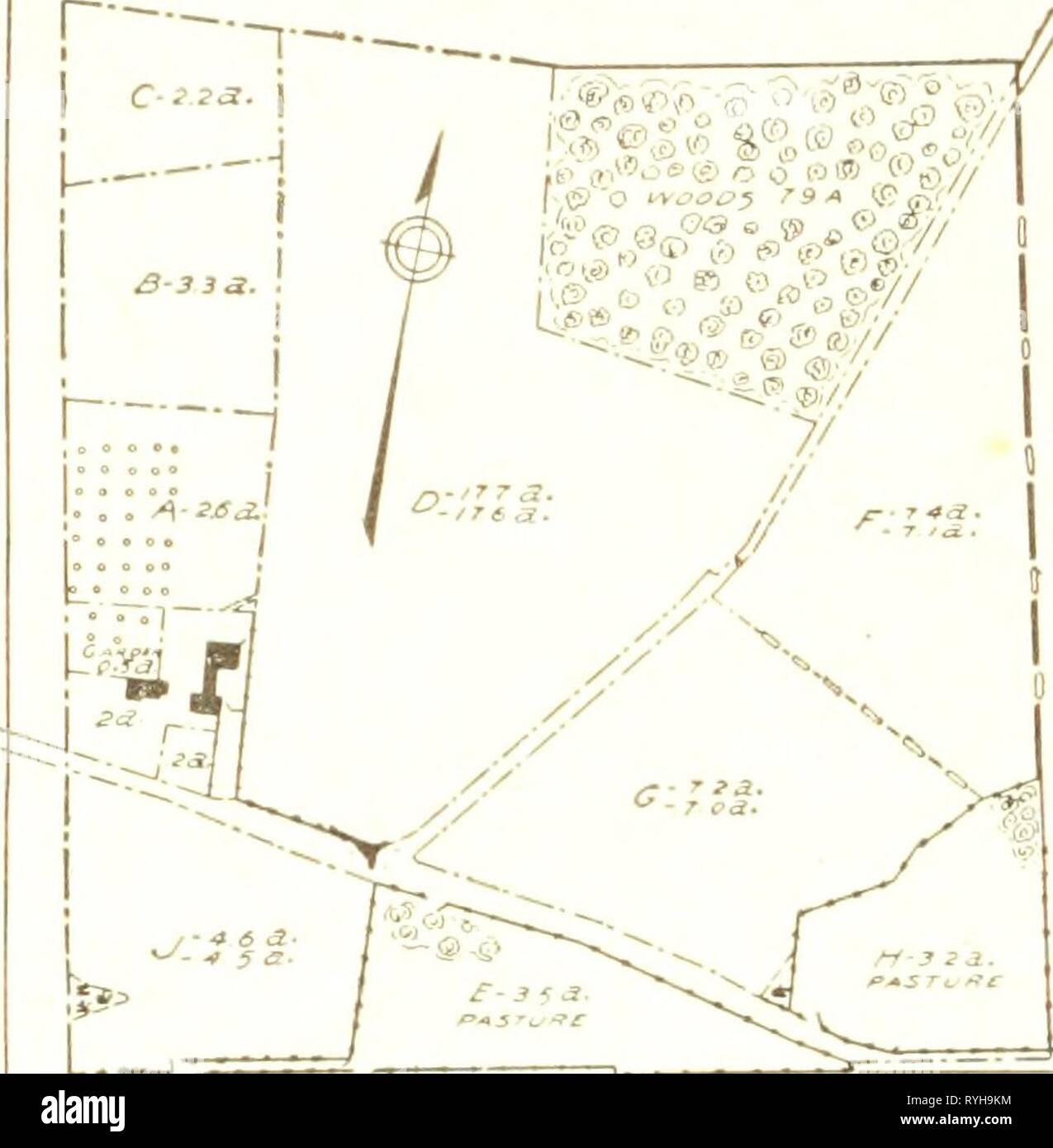 An economic study of farm layout ..  economicstudyoff00myer Year: 1920  500 W. I. Myers ^ /    L... PUBLIC HIGHWAYS In most parts of New York State the owner of a farm holds title to the land in the adjacent highway, the only right of the public to the latter being the right to its free and uninterrupted use for highway purposes. The area of a farm as given in the deed therefore usually includes the area of all roads running thru the farm and one-half the area of roads bounding the farm. While land in highwa.ys is techni- cally owned by the owners of adjacent farms, little of this land is used Stock Photo