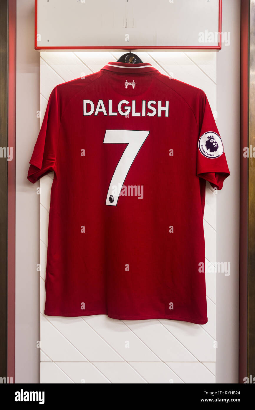 Mock Kenny Dalglish no. 7 2018/19 Premier League red kit shirt hanging in  home team dressing room at Liverpool Football Club Anfield Road Stadium, UK  Stock Photo - Alamy