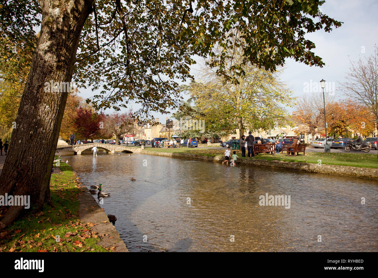 The village of Bourton-on-the-Water with the river Windrush, Gloucester, England Stock Photo