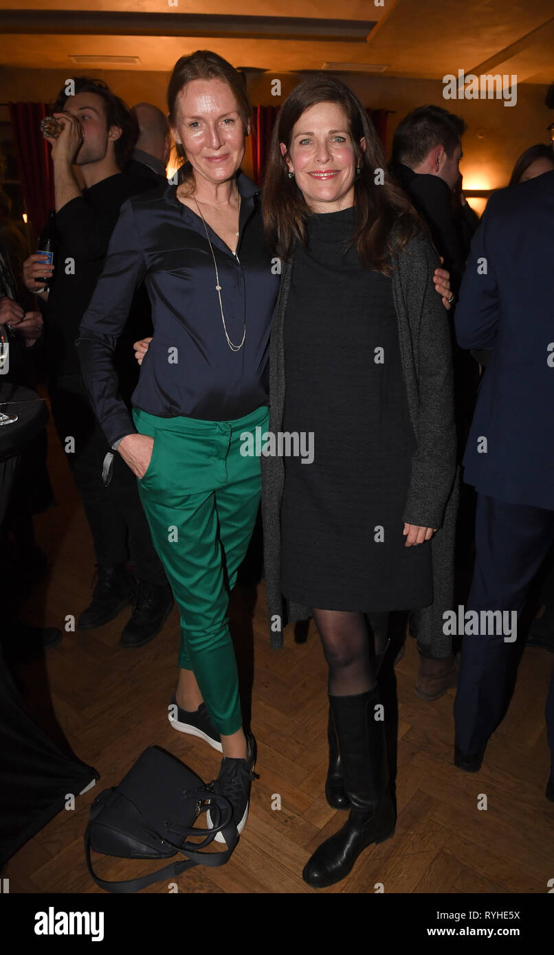 13 March 2019, Bavaria, München: The actresses Carolin Fink (l) and Ursula Buschhorn celebrate at the After Work Party of the production company ndf in the Parkcafe. Photo: Felix Hörhager/dpa Stock Photo