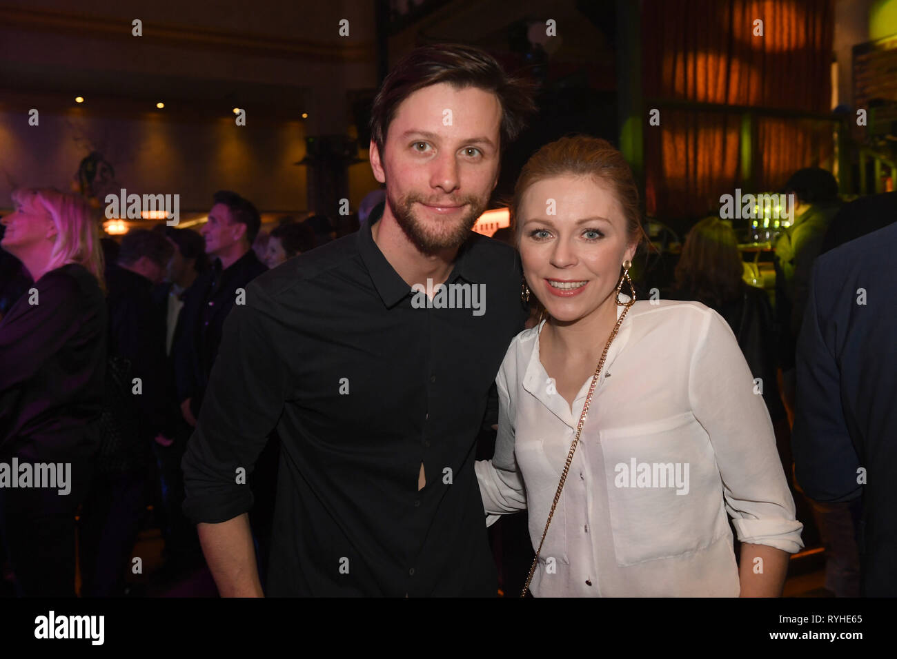 13 March 2019, Bavaria, München: The actor Jonathan Beck and the actress Anna Ewelina celebrate at the After Work Party of the production company ndf in the Parkcafe. Photo: Felix Hörhager/dpa Stock Photo