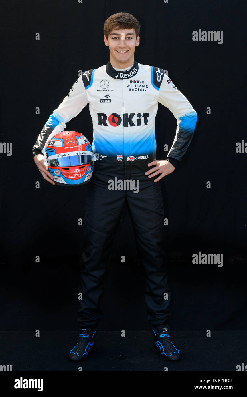 Albert Park, Melbourne, Australia. 14th Mar, 2019. George Russell (GBR) #63 from the Williams Racing team poses for his portrait at the 2019 Australian Formula One Grand Prix at Albert Park, Melbourne, Australia. Sydney Low/Cal Sport Media/Alamy Live News Stock Photo
