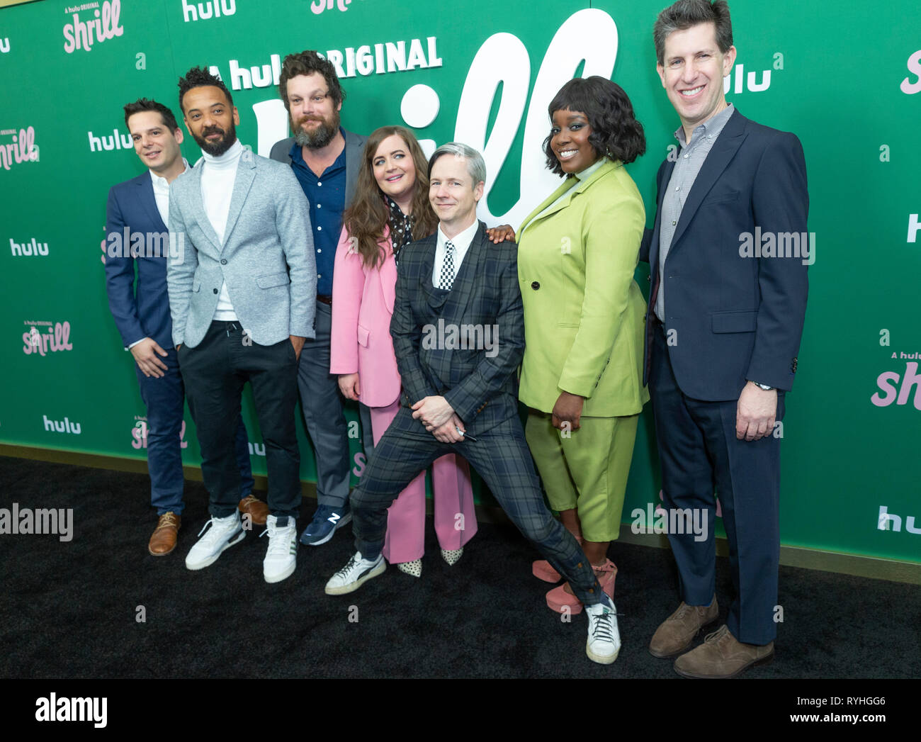 New York, United States. 13th Mar, 2019. New York, NY - March 13, 2019: Billy Rosenberg, Ian Owens, Luka Jones, Aidy Bryant, John Cameron Mitchell, Lolly Adefope, Craig Erwich attends New York Hulu Shrill premiere screening at Walter Reade Theater of Lincoln Center Credit: lev radin/Alamy Live News Stock Photo