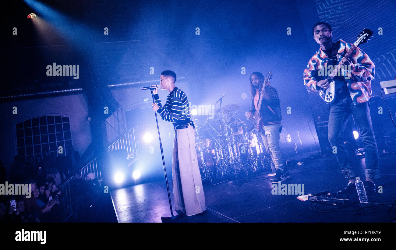 Denmark, Copenhagen - March 13, 2019. The American neo soul band The Internet performs a live concert at Den Grå Hal in Copenhagen. Here singer Syd is seen live on stage with guitarist Steve Lacy and bass player Patrick Paige II. (Photo credit: Gonzales Photo - Flemming Bo Jensen). Credit: Gonzales Photo/Alamy Live News Stock Photo