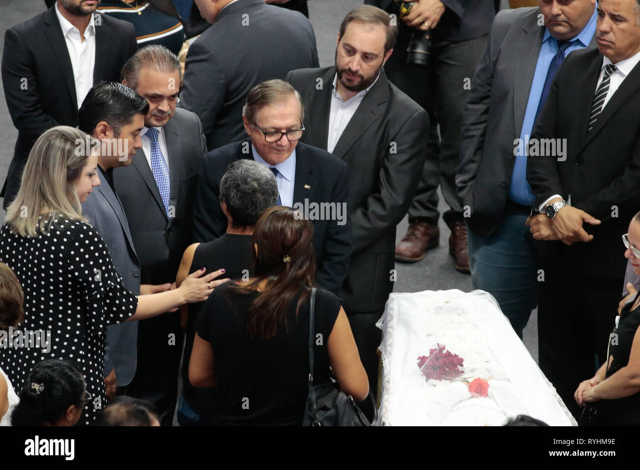 Suzano, Brazil. 14th Mar, 2019. SP - Suzano - 03/14/2019 - Attack at Suzano School Velorio das Vitimas - Minister of Education Ricardo Velez during the wake of the victims of the Raul Brasil State School attack, where 2 shooters ex-school students opened fire killing 5 students and 2 officials, leaving about 11 injured, then one of the marksmen killed the other and the same committed suicide. The river is expected to continue until 4 pm. Photo: Marcello Zambrana/AGIF Credit: AGIF/Alamy Live News Stock Photo