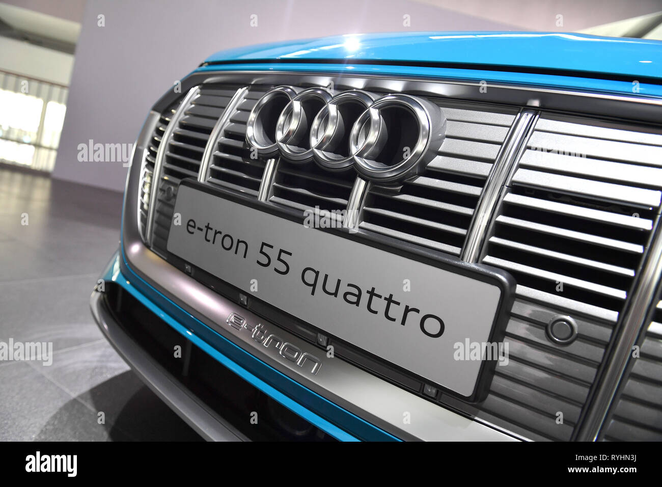 Front end, radiator grille Audi e-tron 55 quattro, e-car, electric car.  Annual Press Conference 2019 of the Audi AG Aktiengesellschaft in  Ingolstadt on 14.03.2019 ..