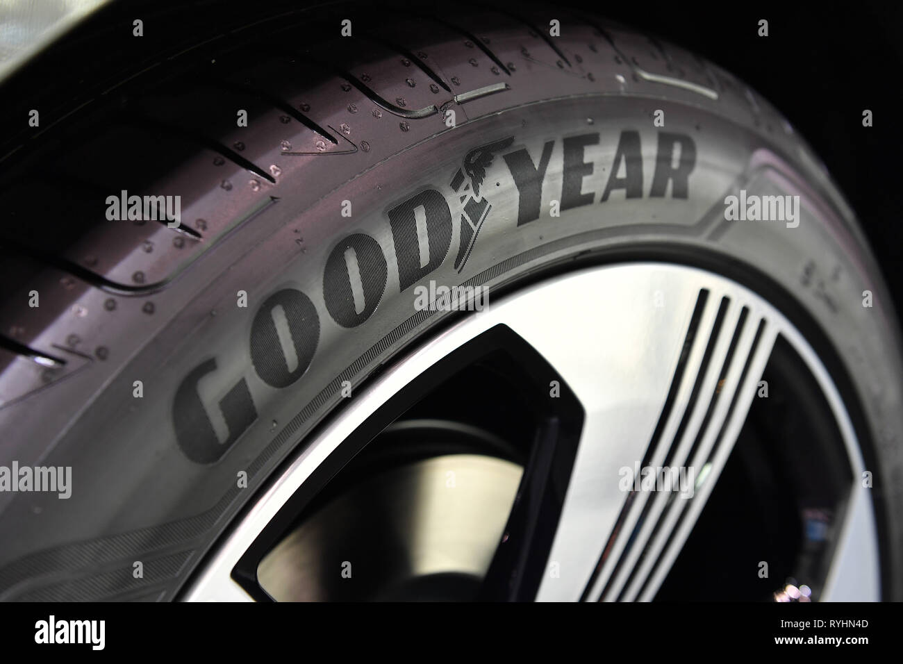 GoodYear tires, at an Audi e-tron 55 Quattro.God Year, tire manufacturer .. Annual Press Conference 2019 of the Audi AG Aktiengesellschaft in Ingolstadt on 14.03.2019 .. | usage worldwide Stock Photo