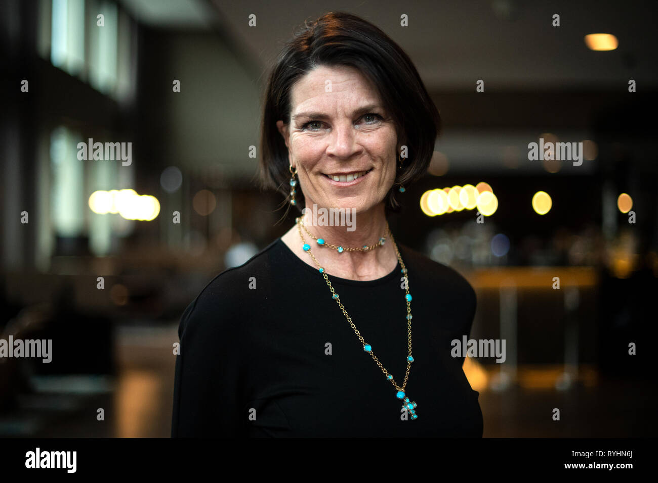 14 March 2019, Bavaria, München: Ursula Schelle-Müller, CMO and Head of Marketing and Design of the Motel One Group, stands in the lounge of one of her hotels. The Motel One Group presents its annual balance sheet. Photo: Sina Schuldt/dpa Stock Photo