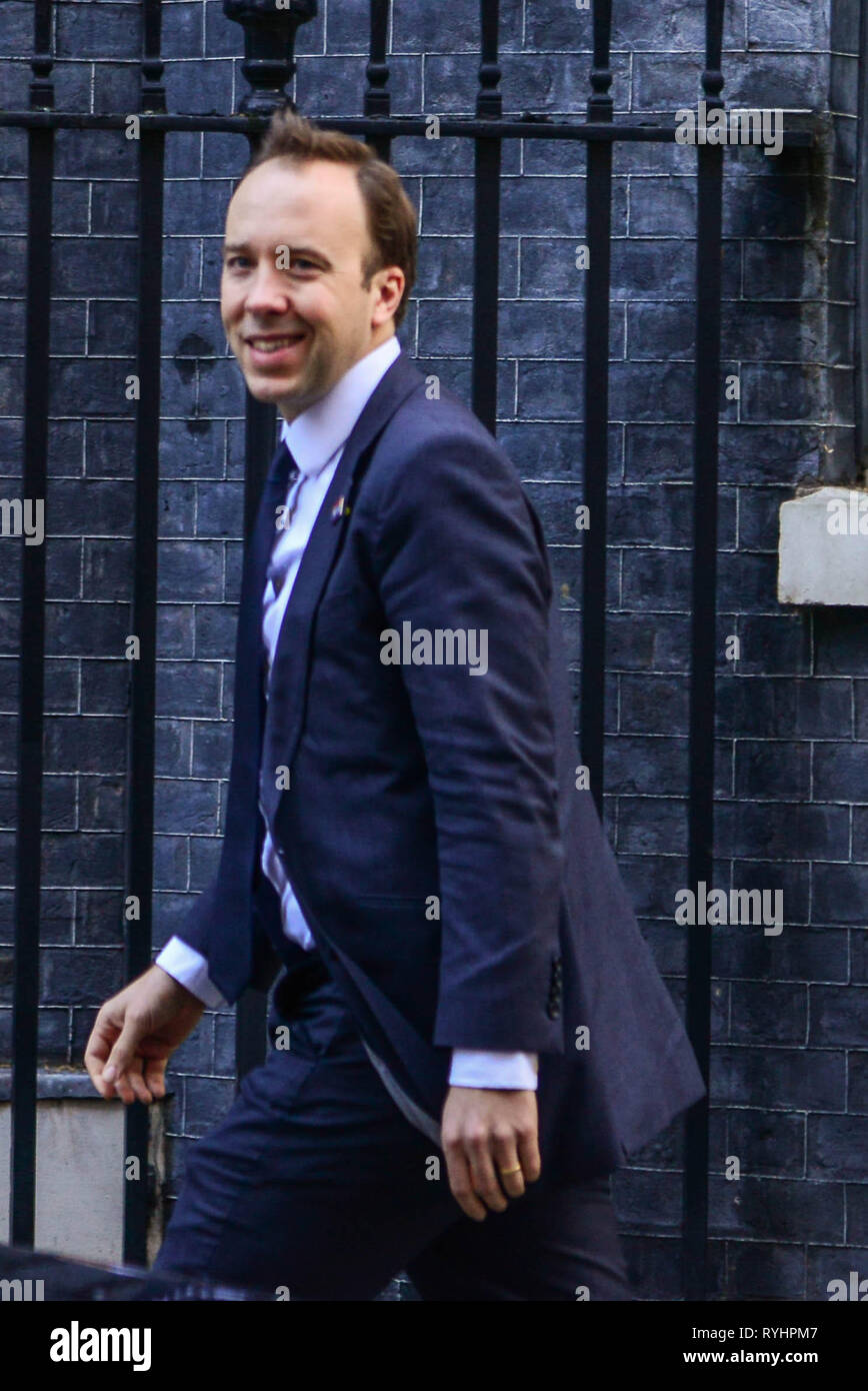London, UK. 14th Mar, 2019. Matt Hancock, Health Secretary  arrives in Downing Street for a cabinet meeting ahead of this evening vote  on the government motion to delay Brexit to June 2019.Credit: Claire Doherty/Alamy Live News Stock Photo