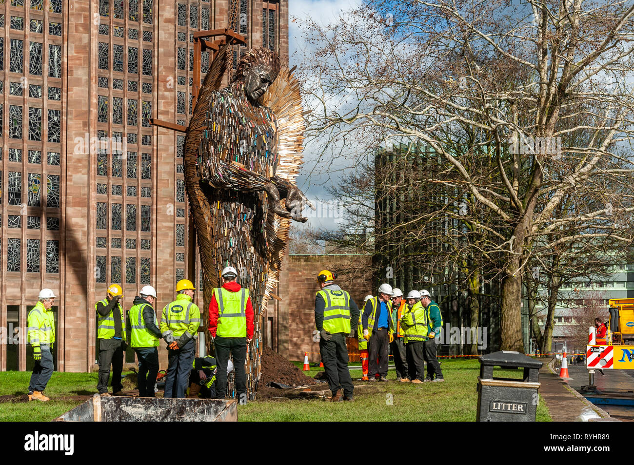 Coventry, West Midlands, UK. 14th March, 2019.  The Knife Angel, which is made up of 100,000 knives which were handed into police forces around the country, was erected outside Coventry Cathedral today. The Knife Angel is a 27 foot high sculpture composed of knives by the artist Alfie Bradley as a physical reminder of the effects of violence and aggression. It is in Coventry until 23rd April. Credit: Andy Gibson/Alamy Live News. Stock Photo