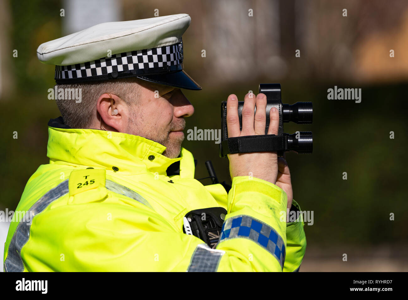 Edinburgh, Scotland, UK. 14 March, 2019. Police checking car speeds in Edinburgh at the first in a series of pilot 20mph ‘Roadside Education’ events, held in partnership with Police Scotland, aiming to raise awareness of the consequences of breaking 20mph speed limits. Speeding drivers will be stopped by Police Officers and offered a short driver education session in a Police Command Unit. Credit: Iain Masterton/Alamy Live News Stock Photo
