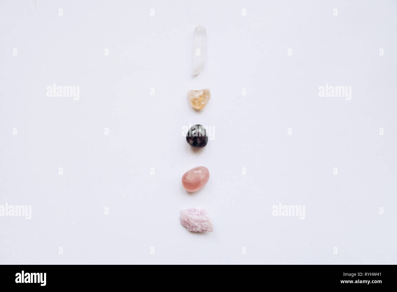 A set of minerals. White Quartz, Rose Quartz, Fluorite, Citrine and