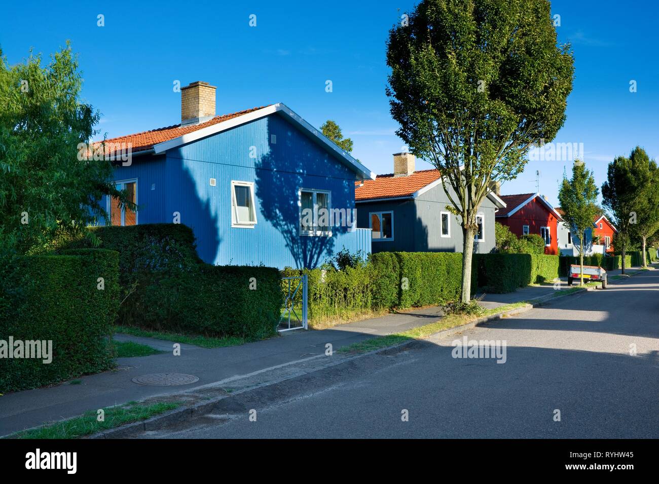 Traditional colorful wooden Swedish houses in the suburbs of Ronne, Bornholm, Denmark. The
