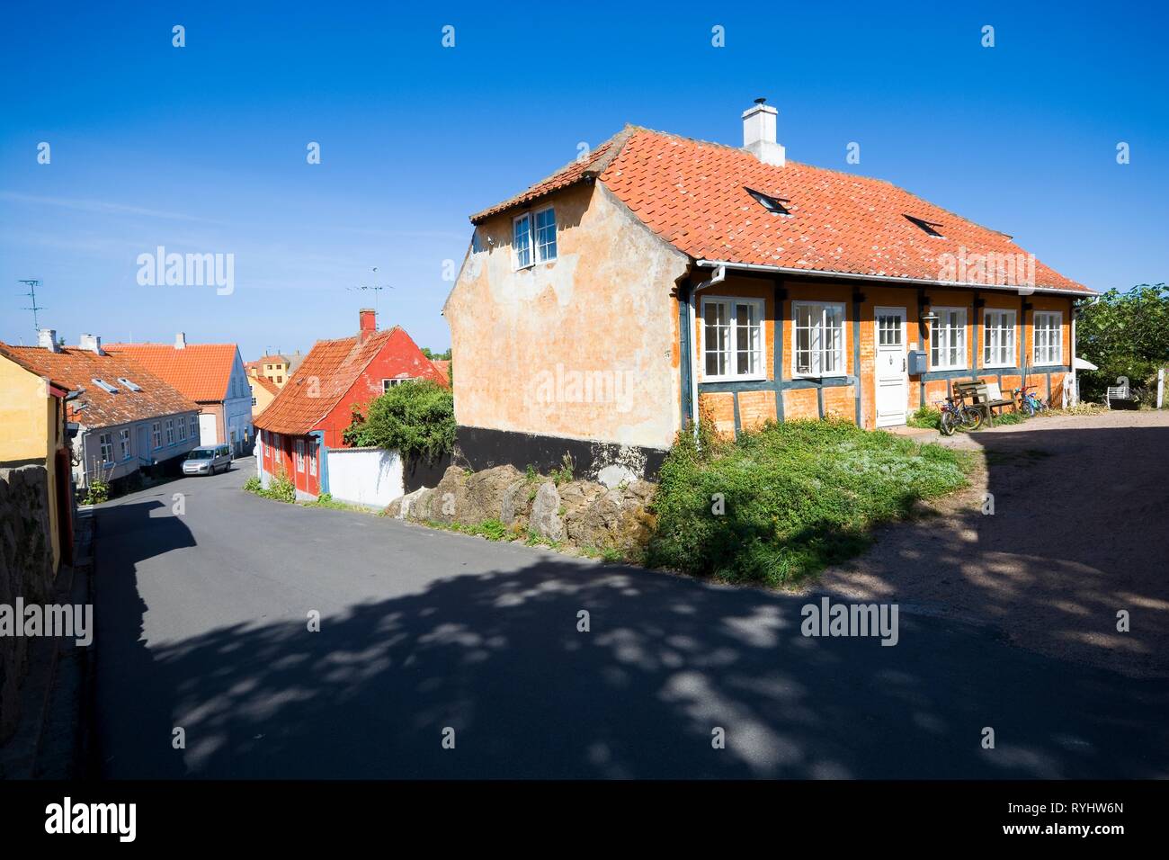 Traditional colorful half timbered houses in Svaneke, Bornholm, Denmark